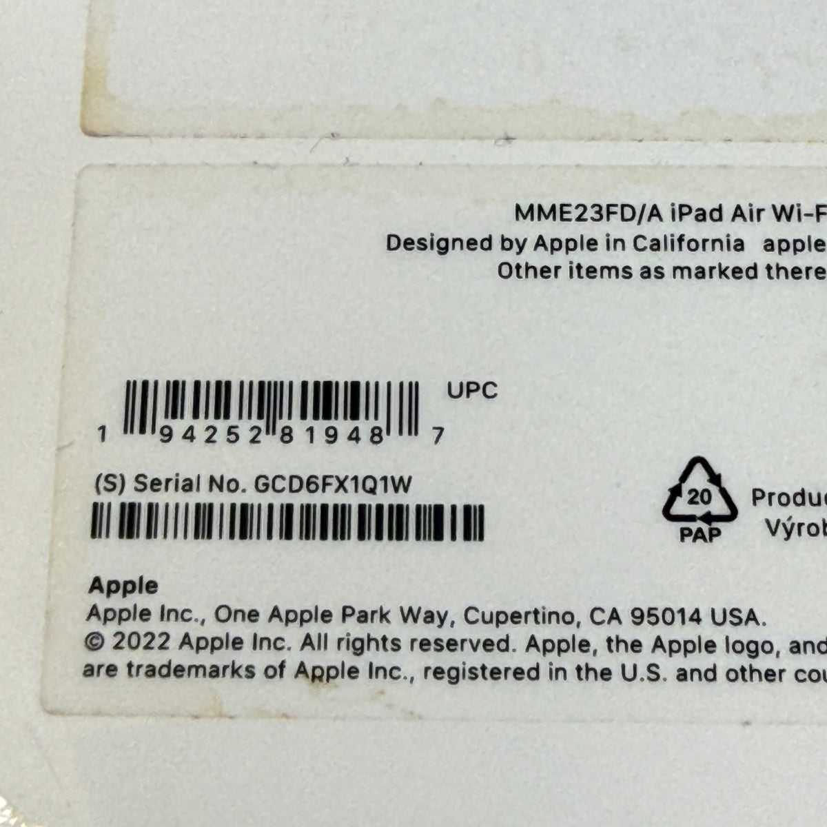 WiFi Only Apple iPad Air 5th Gen 64GB Purple MME23FD/A