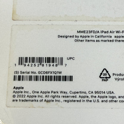 WiFi Only Apple iPad Air 5th Gen 64GB Purple MME23FD/A