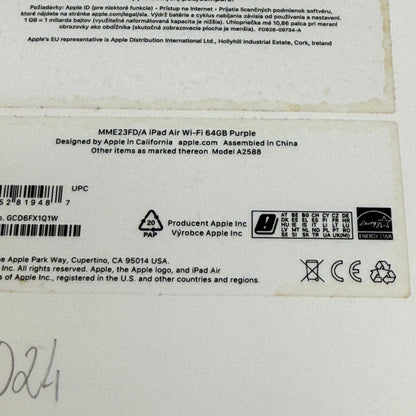 WiFi Only Apple iPad Air 5th Gen 64GB Purple MME23FD/A
