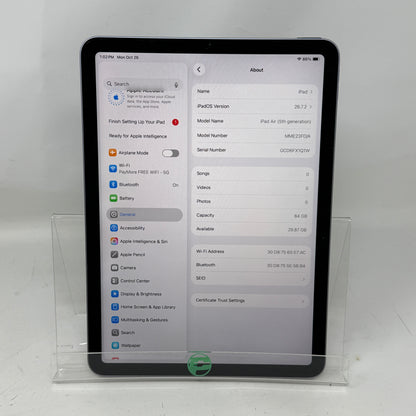 WiFi Only Apple iPad Air 5th Gen 64GB Purple MME23FD/A