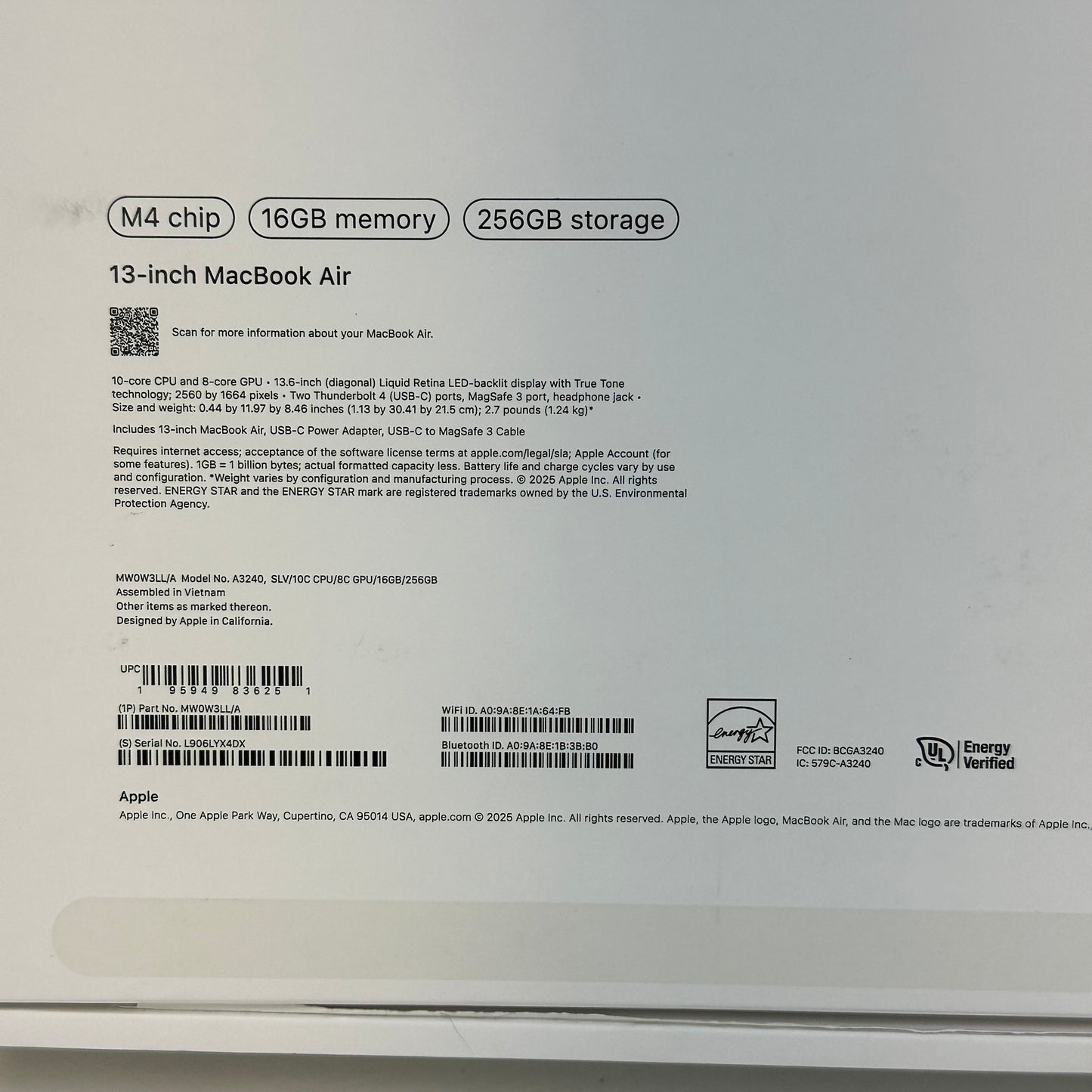 2025 Apple MacBook Air 13.6" M4 8C GPU 4.5GHz 16GB RAM 256GB SSD MW0W3LL/A
