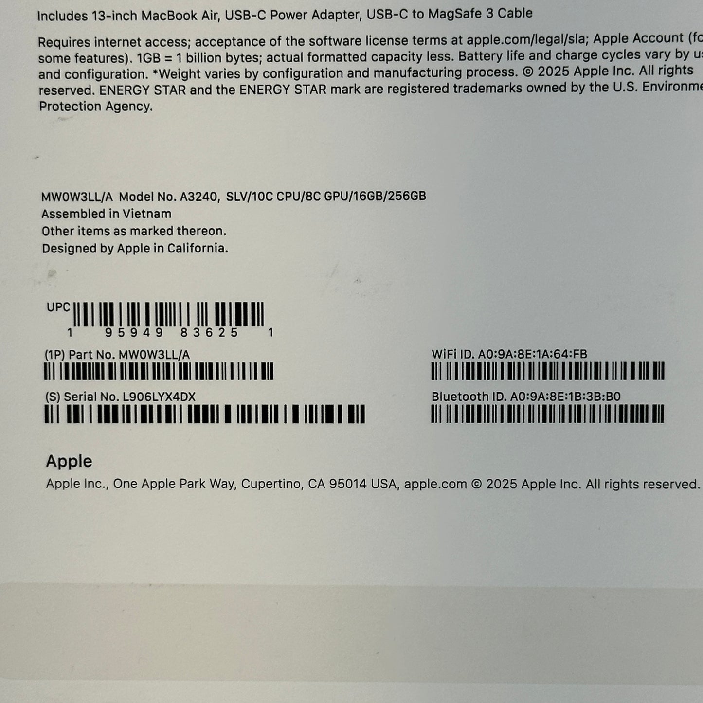 2025 Apple MacBook Air 13.6" M4 8C GPU 4.5GHz 16GB RAM 256GB SSD MW0W3LL/A