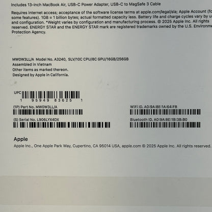 2025 Apple MacBook Air 13.6" M4 8C GPU 4.5GHz 16GB RAM 256GB SSD MW0W3LL/A
