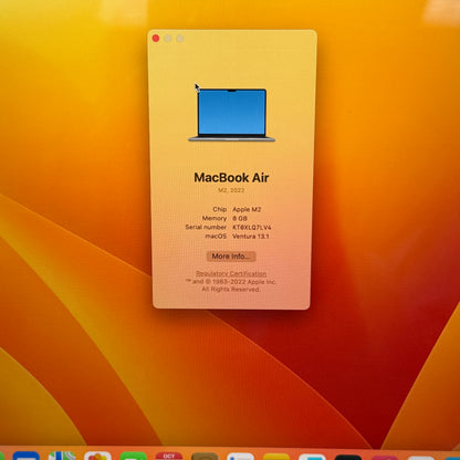 2022 Apple MacBook Air 13.6" M2 8C GPU 3.5GHz 8GB RAM 256GB SSD MLXW3LL/A