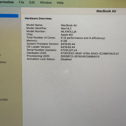 2022 Apple MacBook Air 13.6" M2 8C GPU 3.5GHz 8GB RAM 256GB SSD MLXW3LL/A