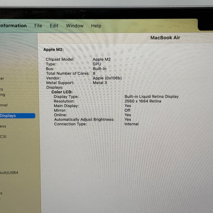 2022 Apple MacBook Air 13.6" M2 8C GPU 3.5GHz 8GB RAM 256GB SSD MLXW3LL/A