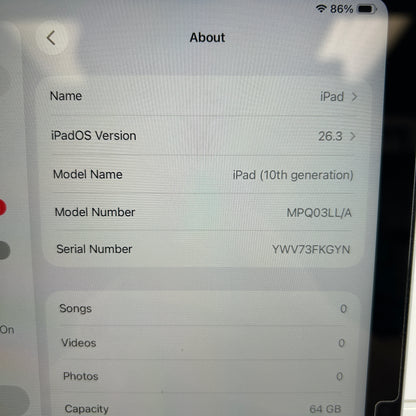 WiFi Only Apple iPad 10th Gen 64GB Silver MPQ03LL/A