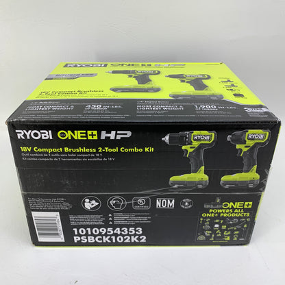 New Ryobi ONE+ HP 18V Compact Brushless  1/2 Drill Tool Combo Kit PSBCK102K2