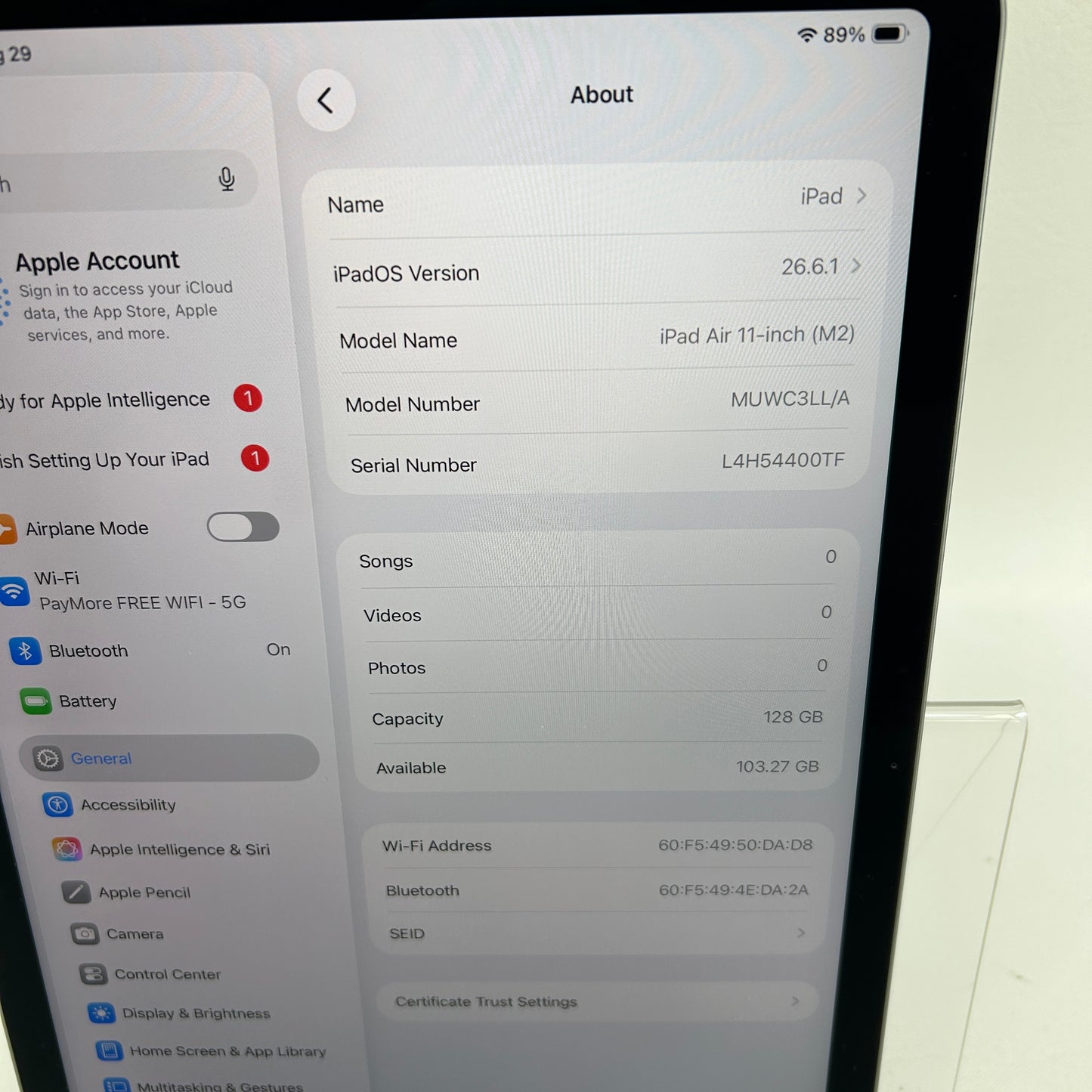 WiFi Only Apple iPad Air 11" M2 128GB Space Gray MUWC3LL/A