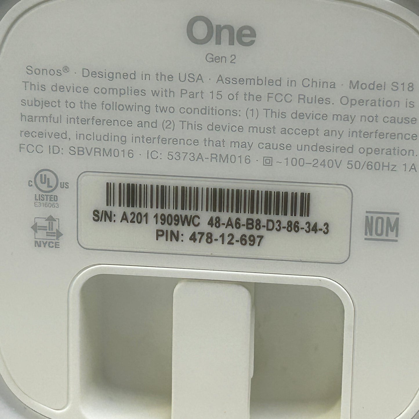 Sonos One (Gen 2) Wireless WiFi Smart Speaker White S18