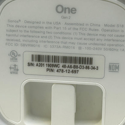 Sonos One (Gen 2) Wireless WiFi Smart Speaker White S18