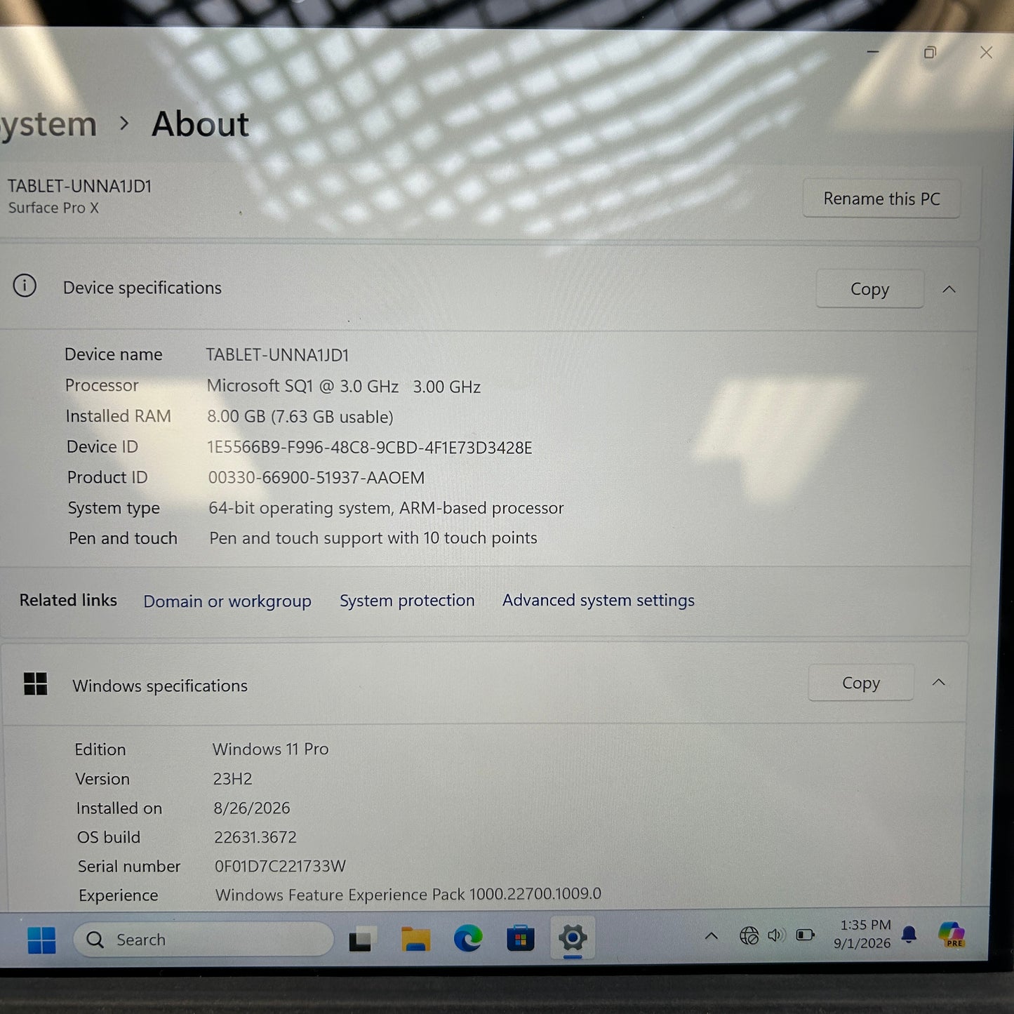 Microsoft Surface Pro X UNNA1JD1 13" SQ1 3.0GHz 8GB RAM 256GB SSD
