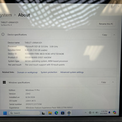 Microsoft Surface Pro X UNNA1JD1 13" SQ1 3.0GHz 8GB RAM 256GB SSD