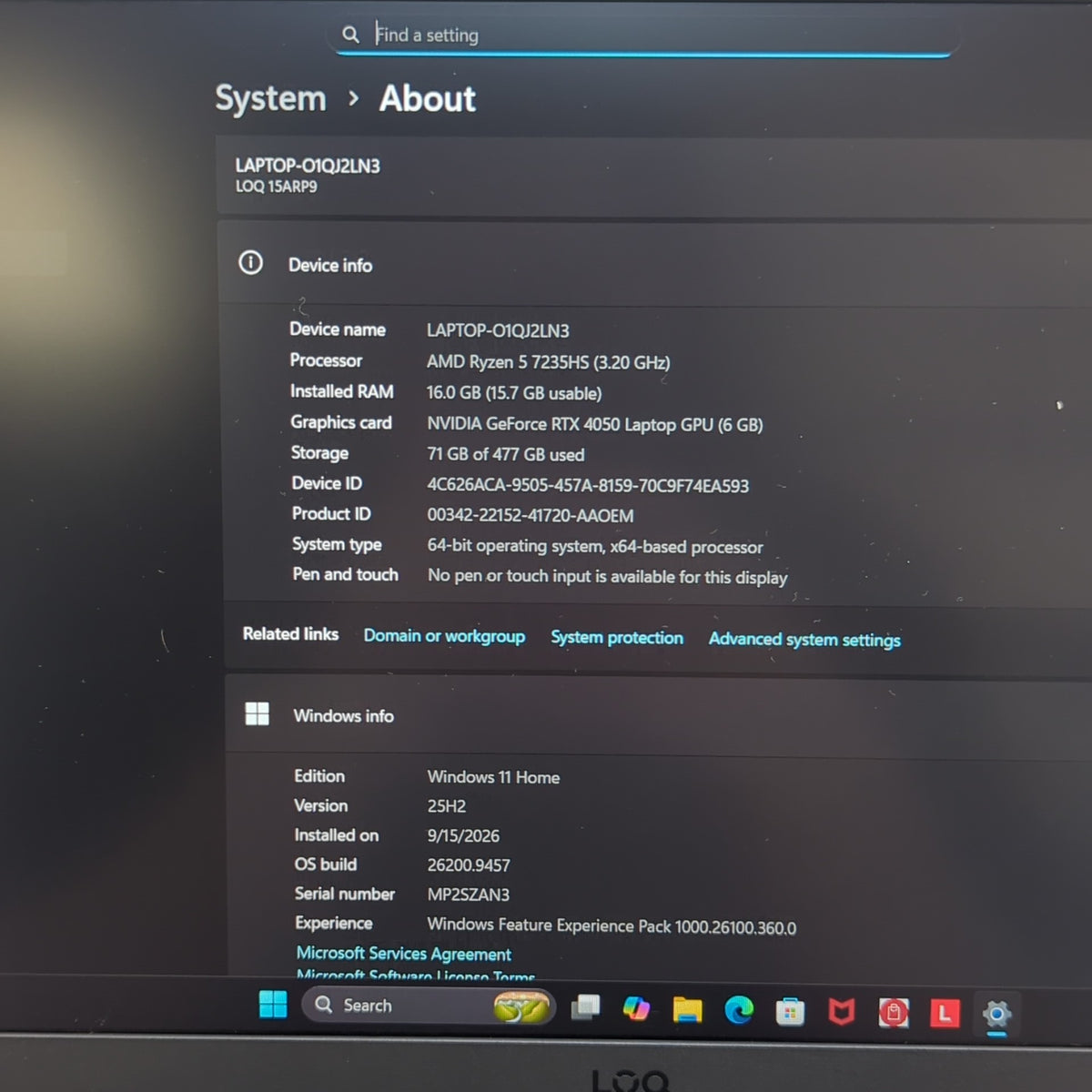 Lenovo LOQ 15 15ARP9 15.6" Ryzen 5 7235HS 3.2GHz 16GB RAM 512GB SSD GeForce RTX 