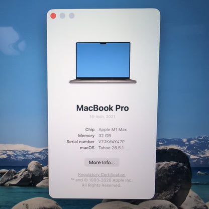 2021 Apple MacBook Pro 16" M1 Max 32C GPU 3.2GHz 32GB RAM 2TB SSD A2485