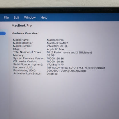 2021 Apple MacBook Pro 16" M1 Max 32C GPU 3.2GHz 32GB RAM 2TB SSD A2485