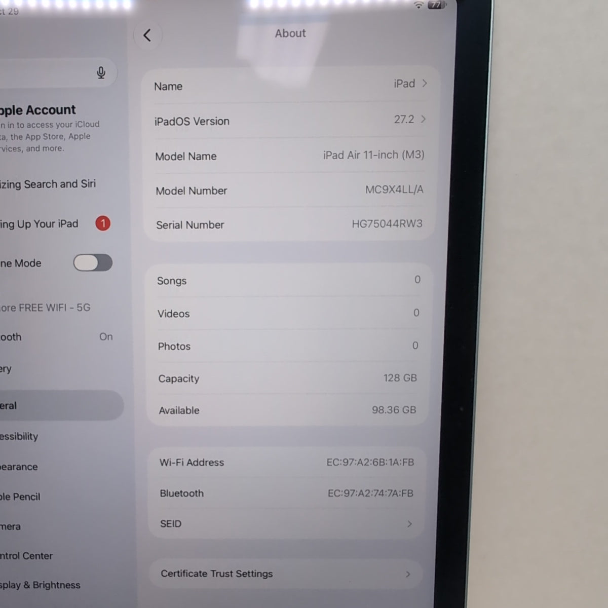 WiFi Only Apple iPad Air 11" M3 128GB Blue MC9X4LL/A