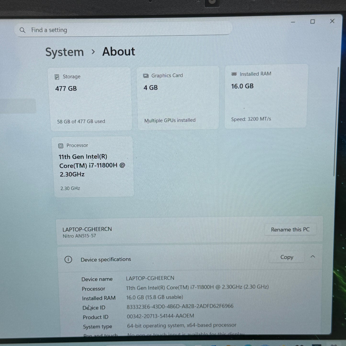 Acer Nitro 5 AN515-57 15.6" i7-11800H 2.3GHz 16GB RAM 512GB SSD GeForce RTX 
