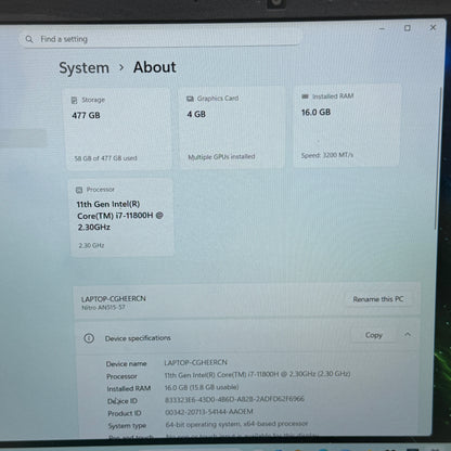 Acer Nitro 5 AN515-57 15.6" i7-11800H 2.3GHz 16GB RAM 512GB SSD GeForce RTX 