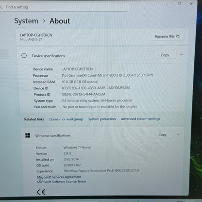 Acer Nitro 5 AN515-57 15.6" i7-11800H 2.3GHz 16GB RAM 512GB SSD GeForce RTX 