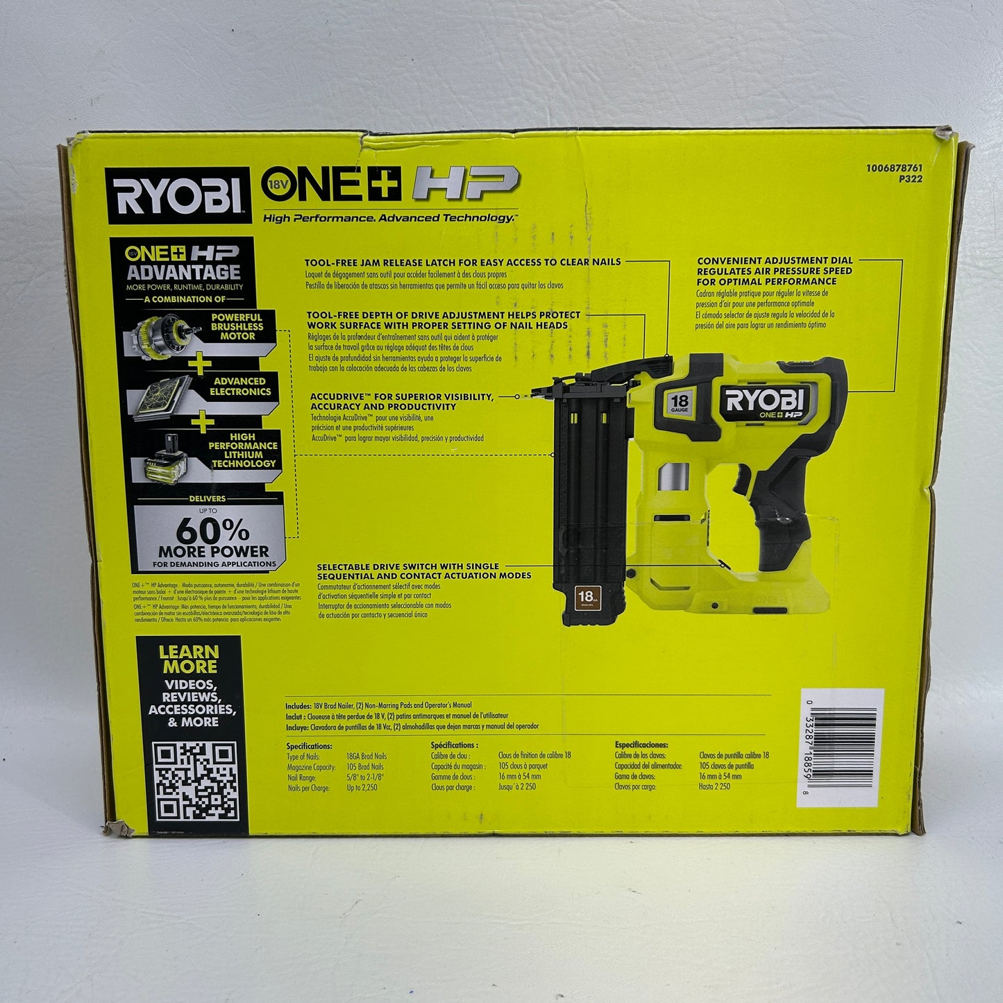 New Ryobi 18V Brushless 18-Gauge Cordless AirStrike Brad Nailer P322