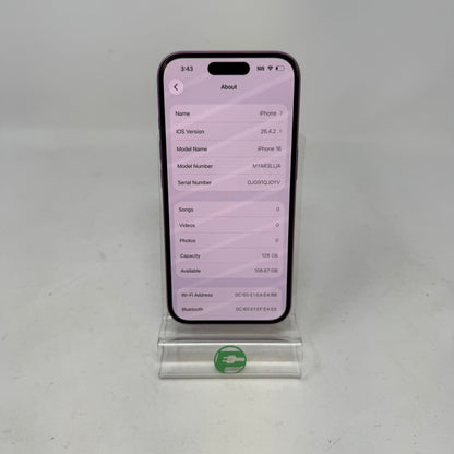 Factory Unlocked Apple iPhone 16 128GB Pink MYAR3LL/A