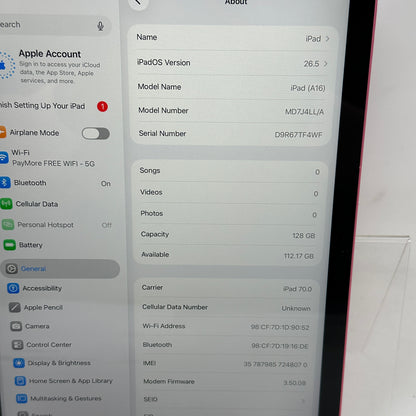 WiFi Only Apple iPad 11" (A16) 128GB Pink MD7J4LL/A