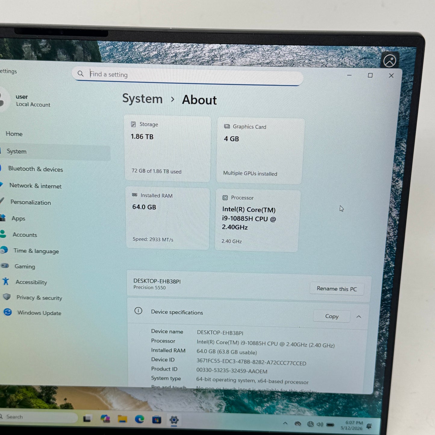 Dell Precision 5500 15.6" i9-10885H 2.4GHz 64GB RAM 2TB SSD Quadro T2000 Max-Q