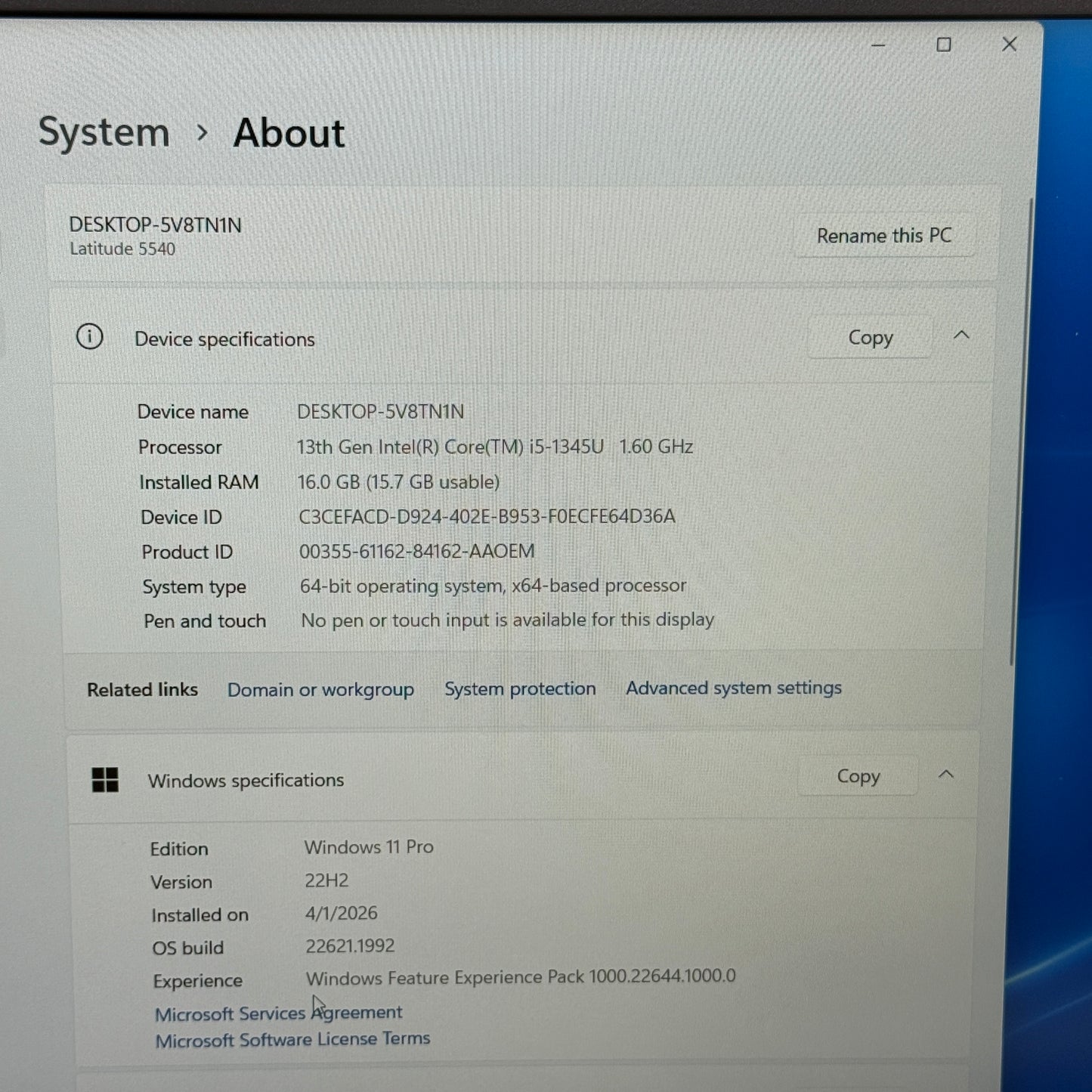 Dell Latitude 5540 15.6" i5-1345U 1.6GHz 16GB RAM 512GB SSD