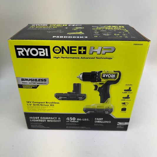 New Ryobi PSBDD02K2 18V ONE+ HP Brushless Compact Drill/Driver Kit
