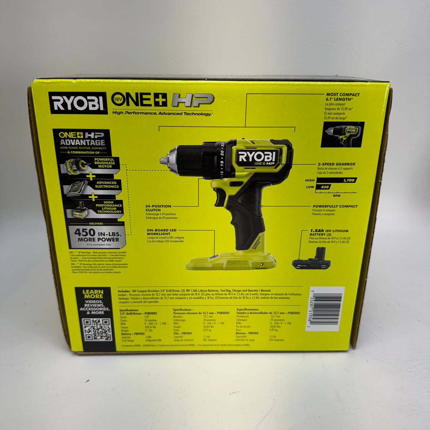 New Ryobi PSBDD02K2 18V ONE+ HP Brushless Compact Drill/Driver Kit