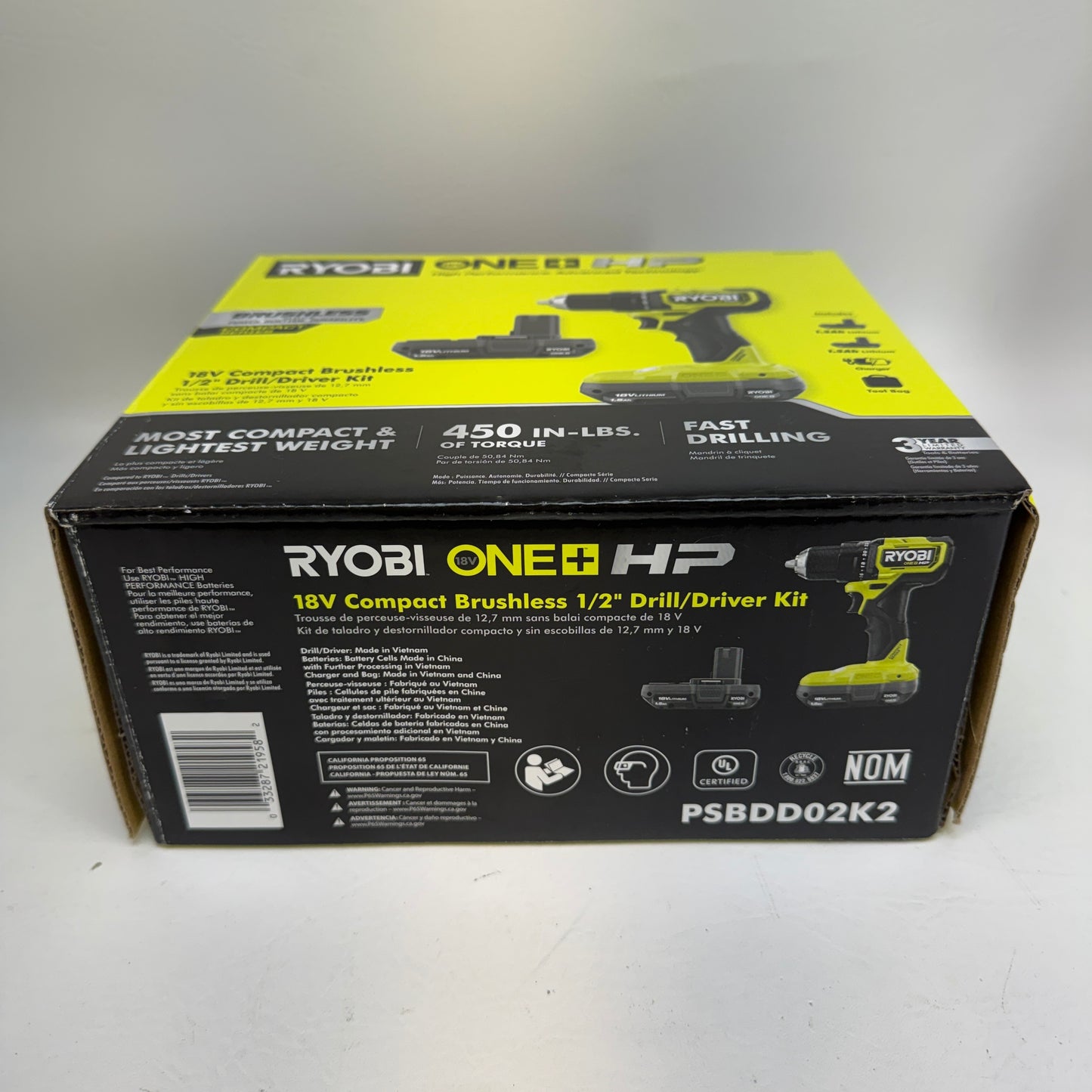 New Ryobi PSBDD02K2 18V ONE+ HP Brushless Compact Drill/Driver Kit