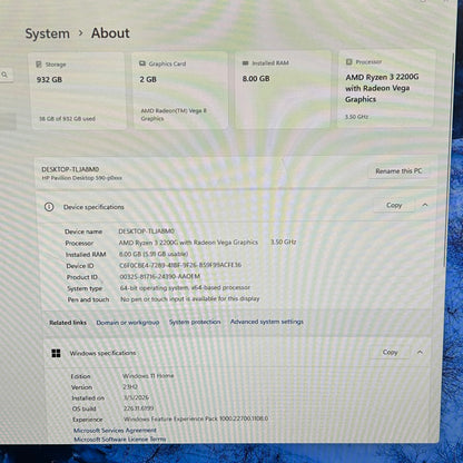HP Pavilion Desktop 590-p0103wb TLJA8M0 Ryzen 3 3200G 3.50GHz 8GB RAM 1TB HDD