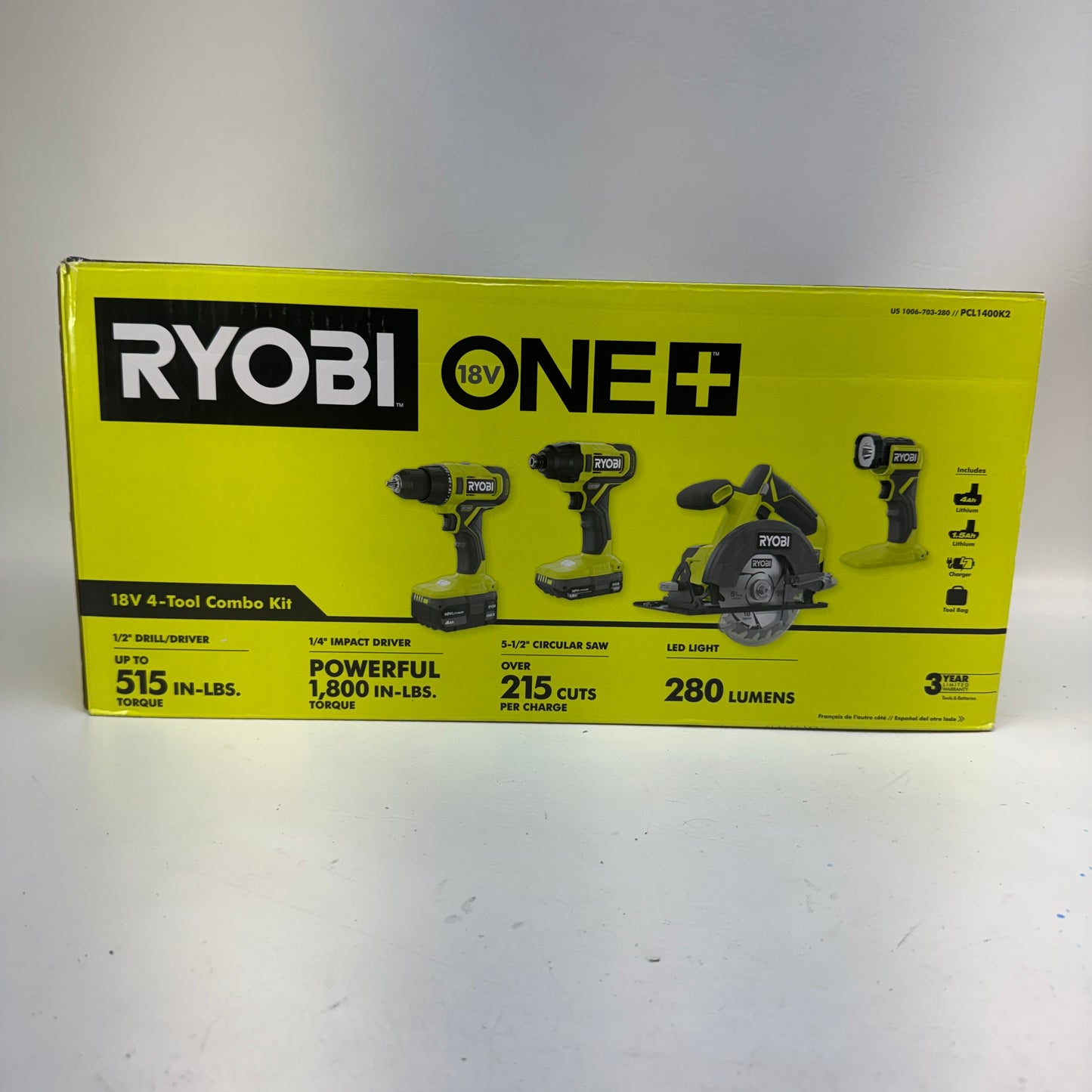 New Ryobi PCL1400K2 18V Cordless 4-Tool Combo Kit  Battery Charger and Storage Bag