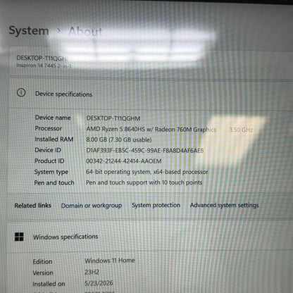 Dell Inspiron P186G 14" Ryzen 5 8640HS 3.5GHz 8GB RAM 512GB SSD
