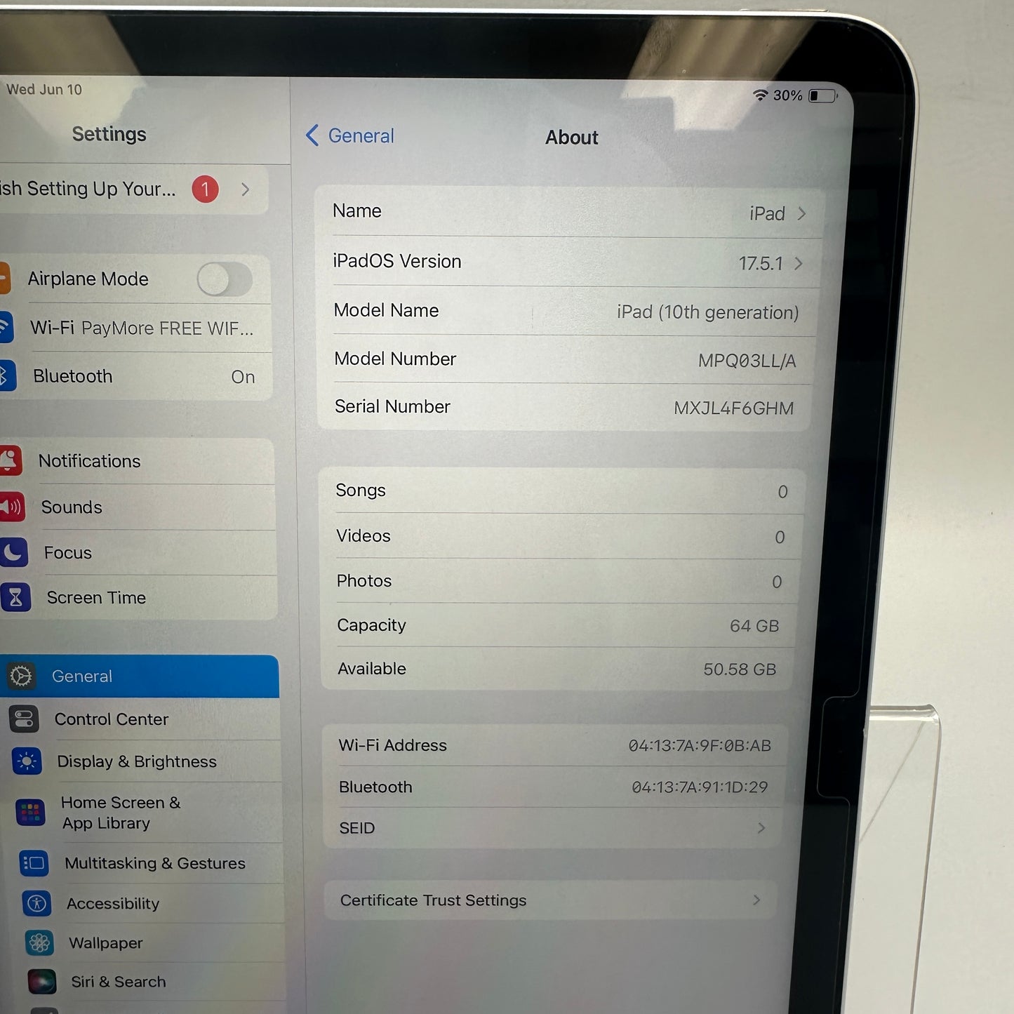 WiFi Only Apple iPad 10th Gen 64GB Silver MPQ03LL/A