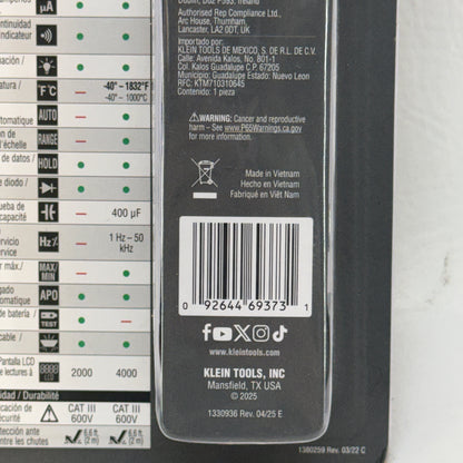 New Klein Tools MM325 Digital Multimeter Manual-Ranging 600V AC/DC