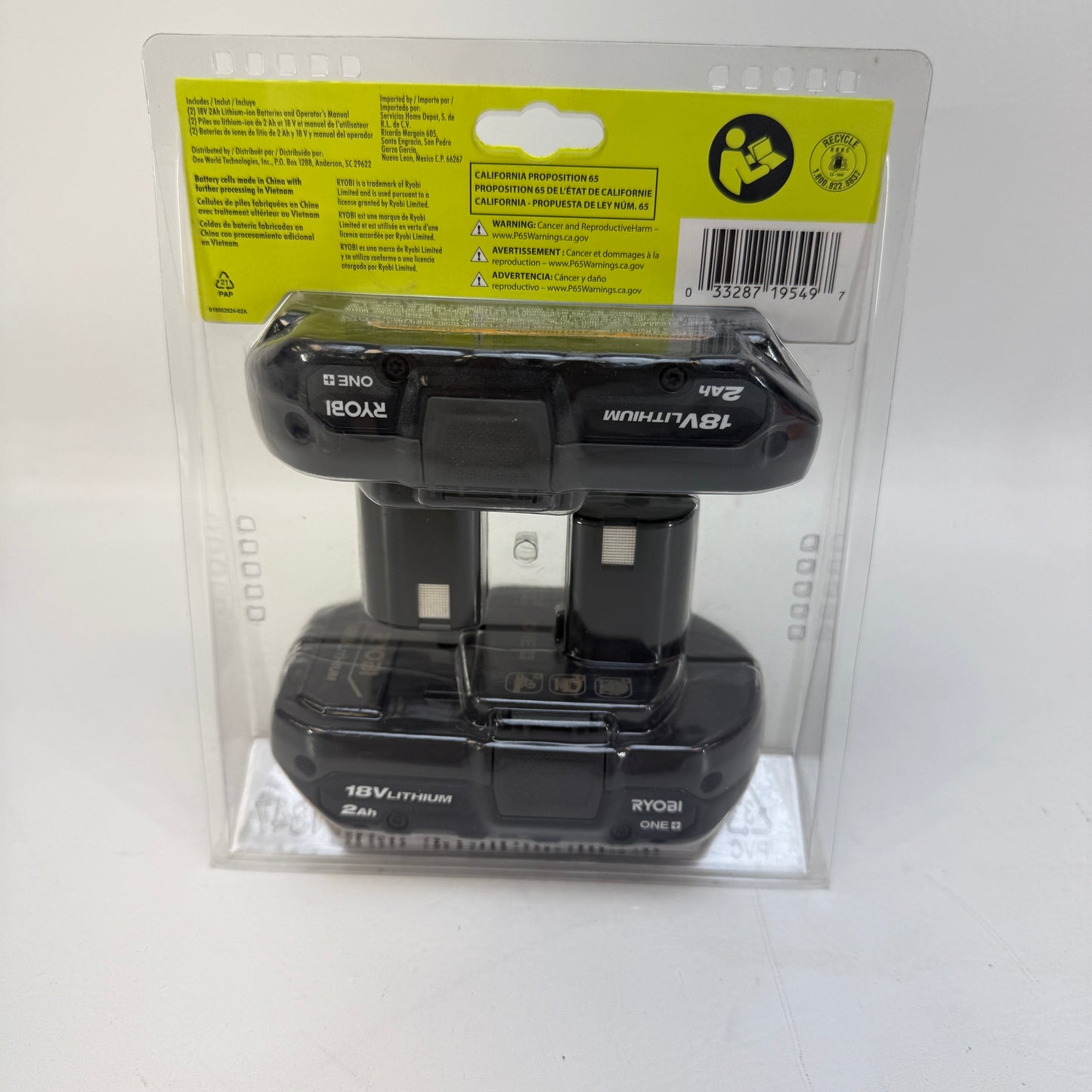 New Ryobi PBP2006 18V ONE+ 2.0 Ah Lithium-Ion Compact Battery (2-Pack)