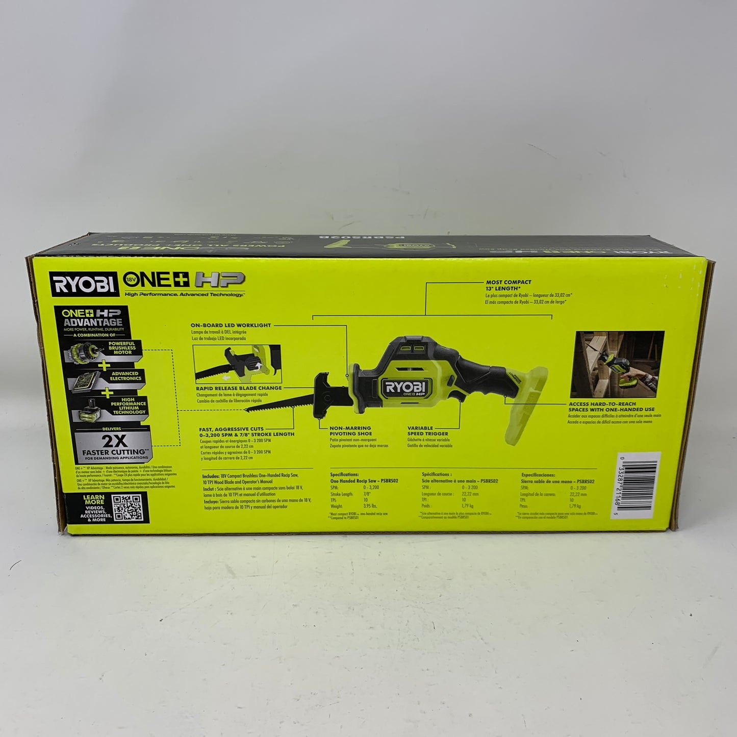 New Ryobi 18V ONE+ HP Brushless Compact One-Handed Reciprocating Saw PSBRS02B