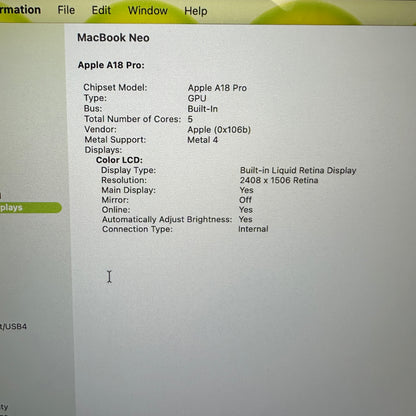 2026 Apple MacBook Neo 13" A18 Pro 5C GPU 4.0GHz 8GB RAM 512GB SSD A3404