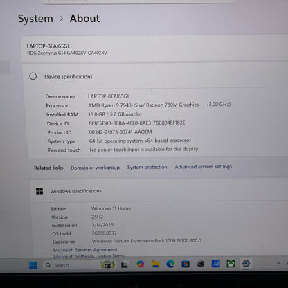 Asus ROG Zephyrus G14 GA402X 14" Ryzen 9 7940HS 4.0GHz 16GB RAM 512GB SSD 