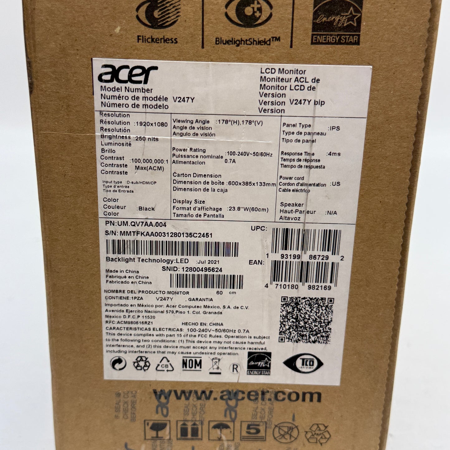 New Acer 24" V247Y LCD with LED backlight IPS Business / Multimedia Monitor