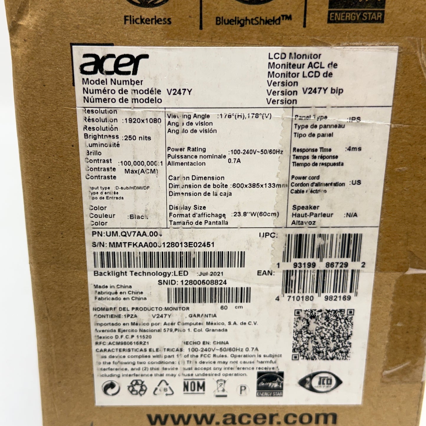 New Acer 24" V247Y LCD with LED backlight IPS Business / Multimedia Monitor