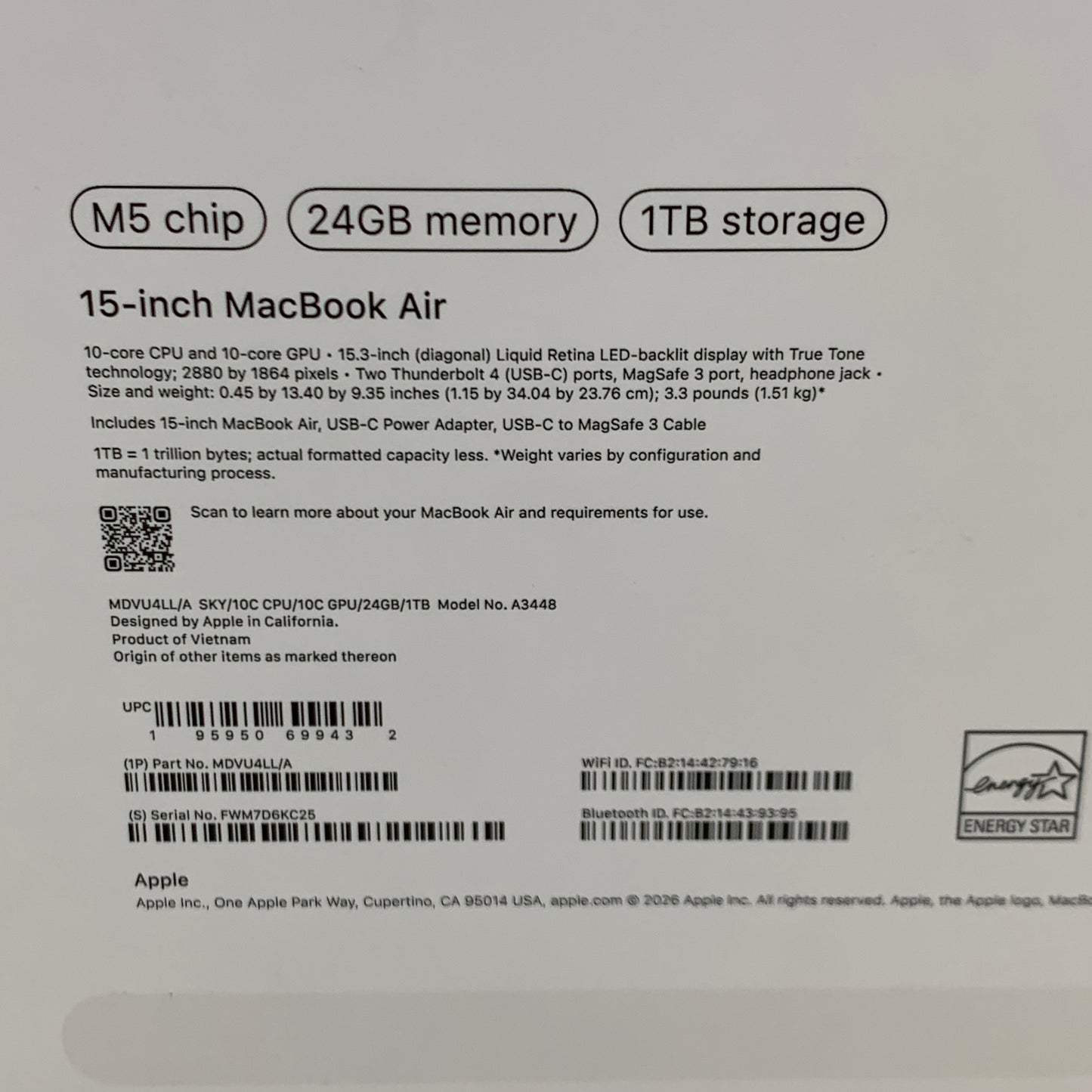 2026 Apple MacBook Air 15" M5 10C GPU 4.6GHz 24GB RAM 1TB SSD MDVU4LL/A `