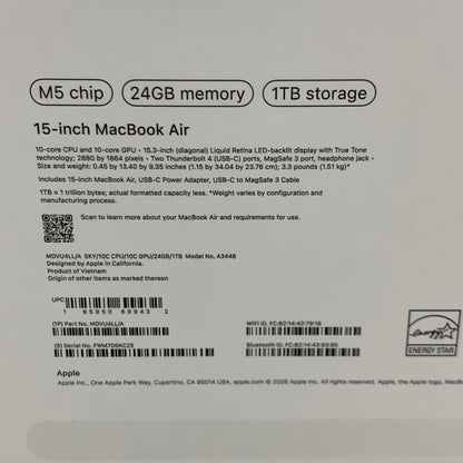 2026 Apple MacBook Air 15" M5 10C GPU 4.6GHz 24GB RAM 1TB SSD MDVU4LL/A `