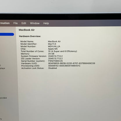 2026 Apple MacBook Air 15" M5 10C GPU 4.6GHz 24GB RAM 1TB SSD MDVU4LL/A `