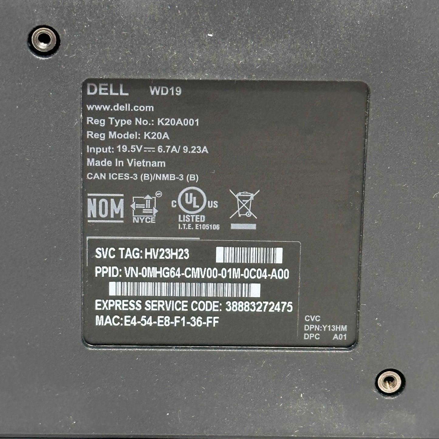 Dell WD19 130W USB-C Docking Station K20A K20A001 Laptop Port Replicator Black