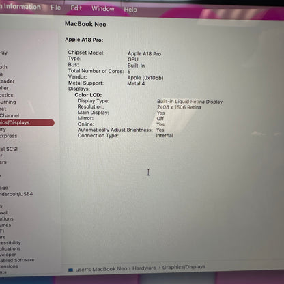 2026 Apple MacBook Neo 13" A18 Pro 5C GPU 4.0GHz 8GB RAM 512GB SSD MHFJ4LL/A