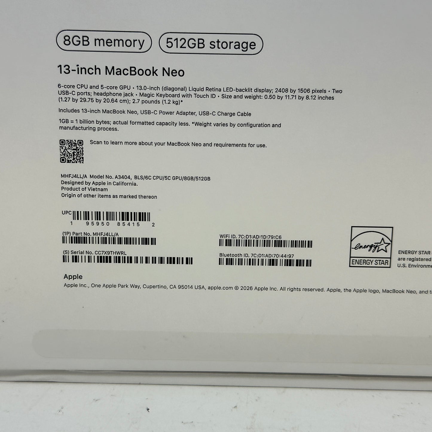 2026 Apple MacBook Neo 13" A18 Pro 5C GPU 4.0GHz 8GB RAM 512GB SSD MHFJ4LL/A