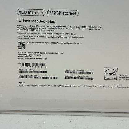 2026 Apple MacBook Neo 13" A18 Pro 5C GPU 4.0GHz 8GB RAM 512GB SSD MHFJ4LL/A